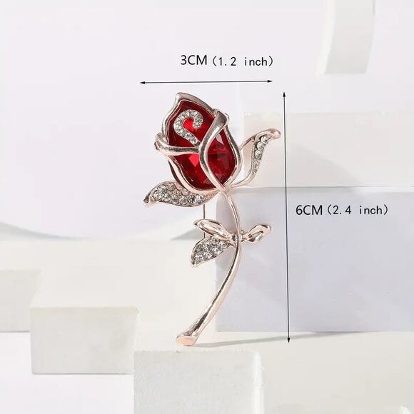 Brooch Red Rhinestone Rose set in Rose-Tone Pin - Picture 4 of 4